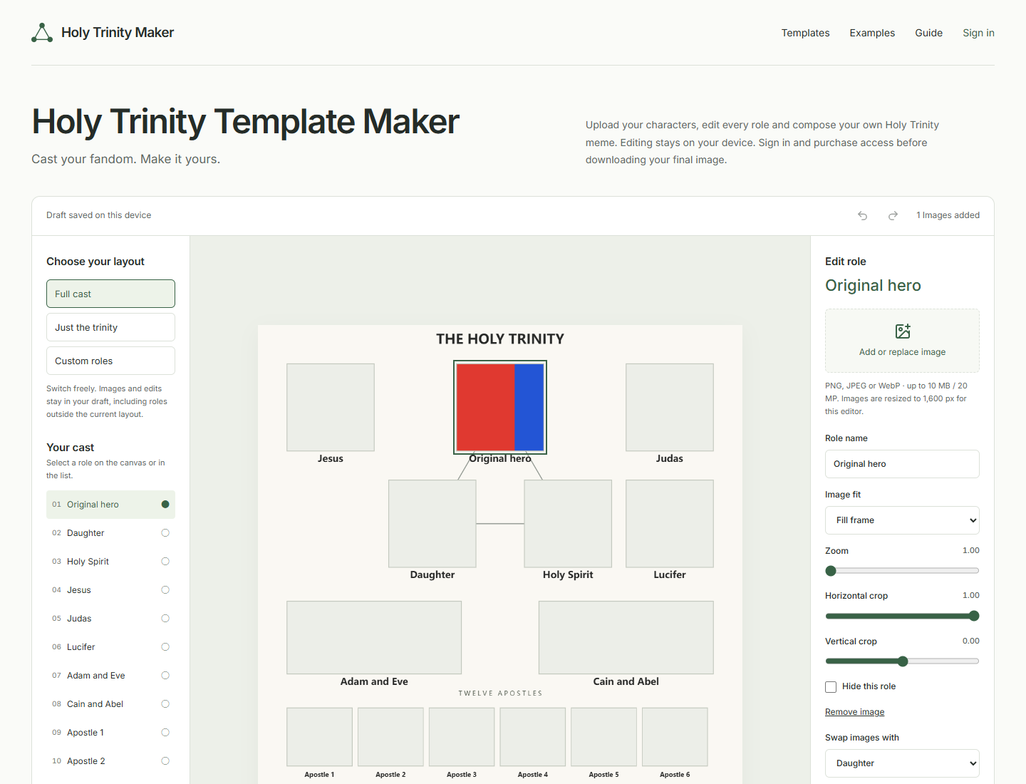 Holy Trinity editor with original color study images in the role frames